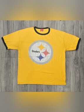 Pittsburgh Steelers NFL Ringer T-Shirt 2XL Yellow Black Distressed Logo Y2K